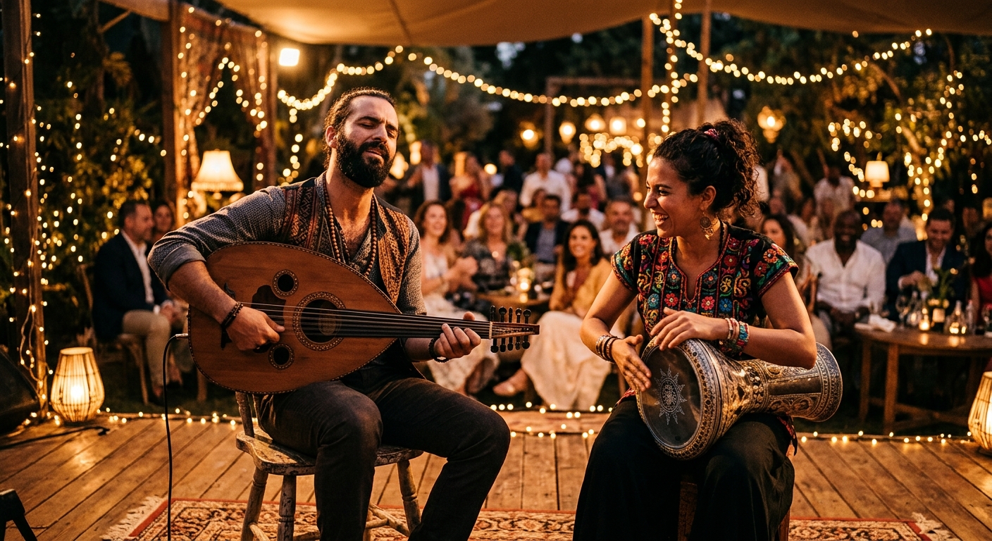 צמד נגנים מנגנים על עוד ודרבוקה במהלך הופעה חיה של מוזיקת עולם מול קהל באירוע ערב תחת כיפת השמיים.