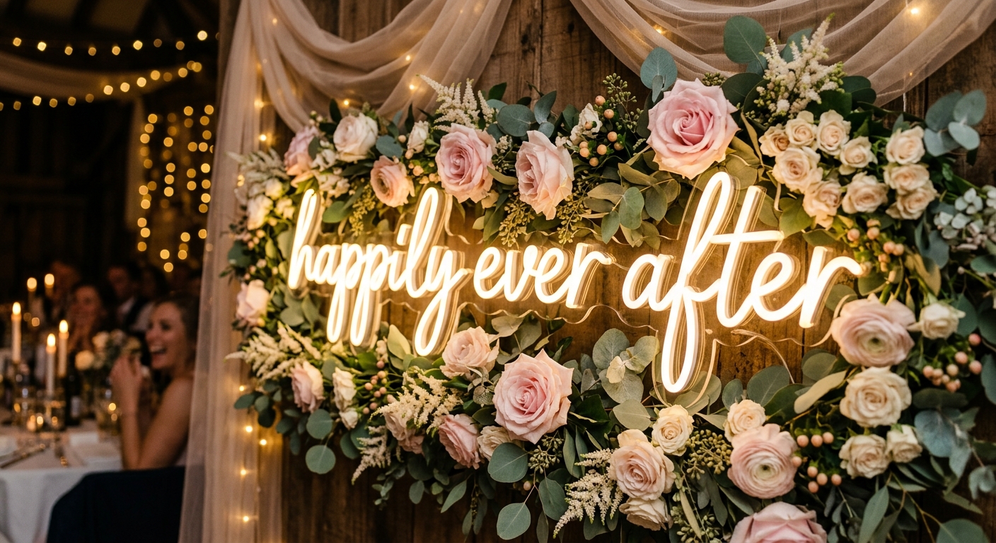שלט ניאון מואר עם הכיתוב 'happily ever after' משולב בסידור פרחים עשיר של ורדים ורודים ועלי אקליפטוס, כחלק מעיצוב אירוע חתונה רומנטי.